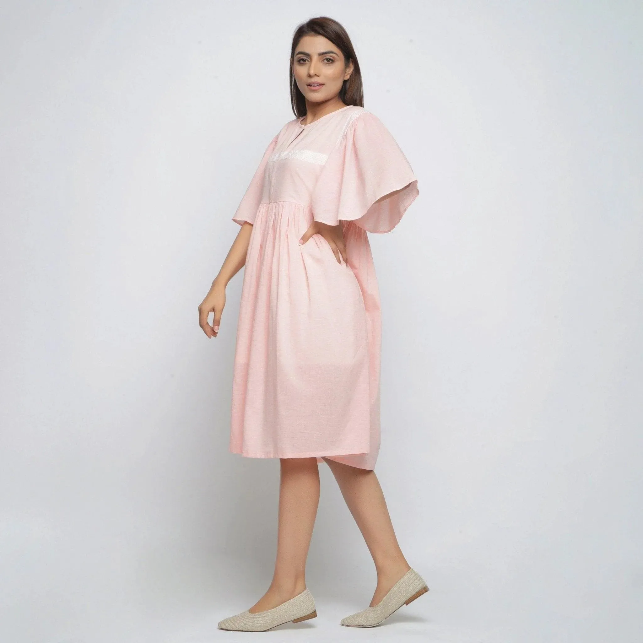 Peach Yarn Dyed Cotton Chambray Midi Dress