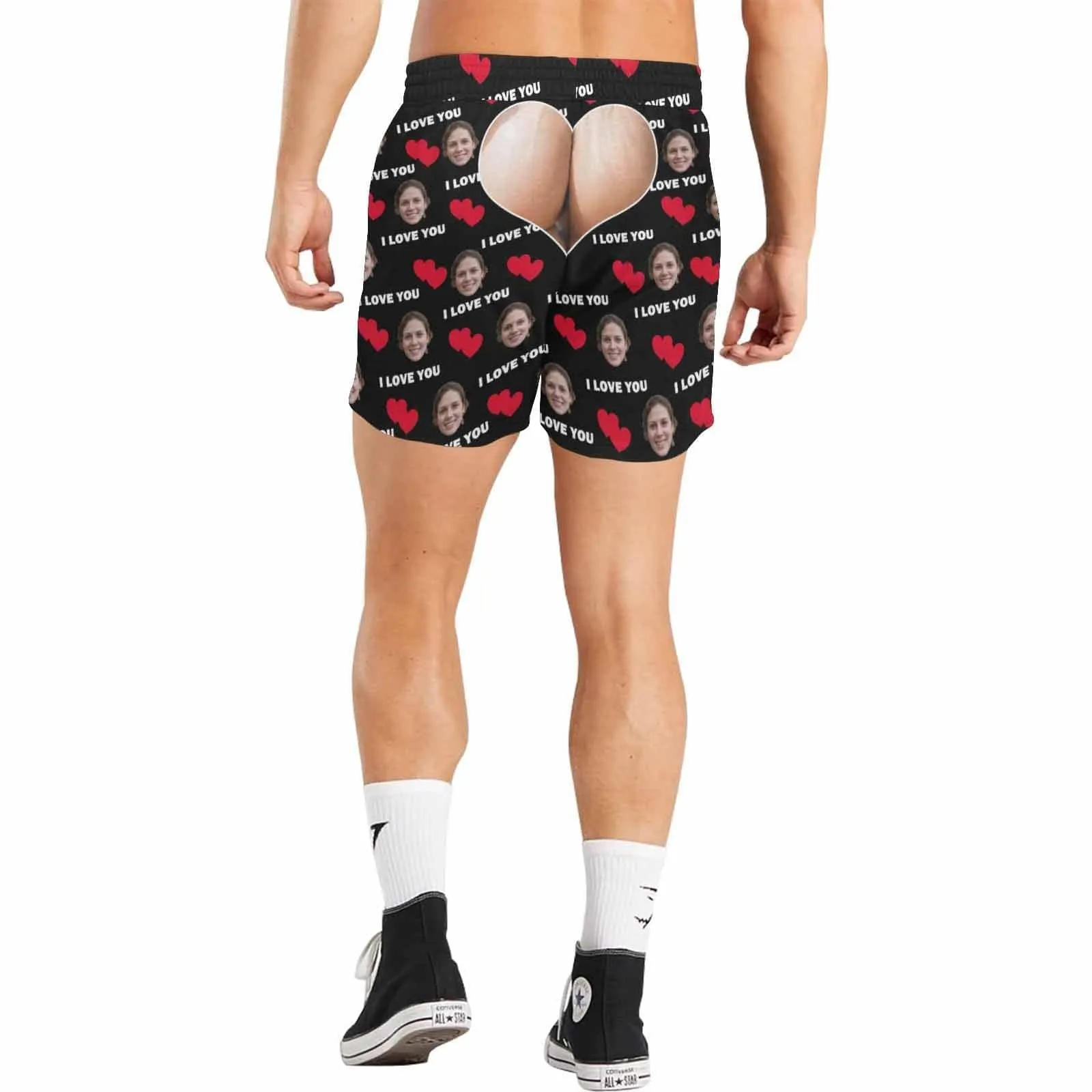 Personalized Swim Trunks with Face on Them Custom Funny Swimming Trunks Double Red Love You Men's Quick Dry Swim Shorts