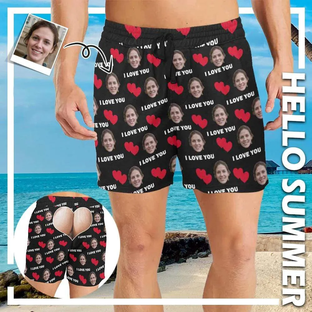 Personalized Swim Trunks with Face on Them Custom Funny Swimming Trunks Double Red Love You Men's Quick Dry Swim Shorts