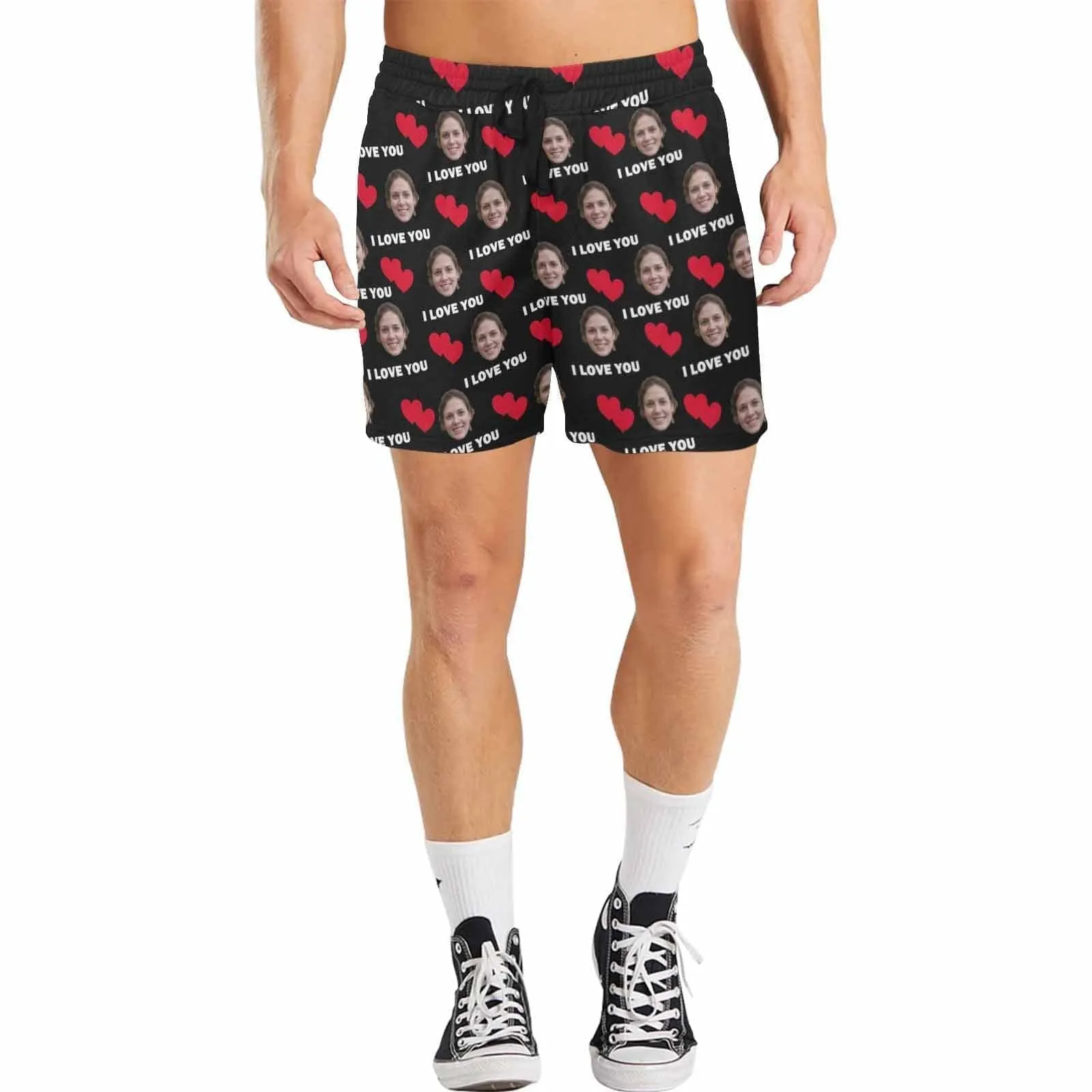 Personalized Swim Trunks with Face on Them Custom Funny Swimming Trunks Double Red Love You Men's Quick Dry Swim Shorts