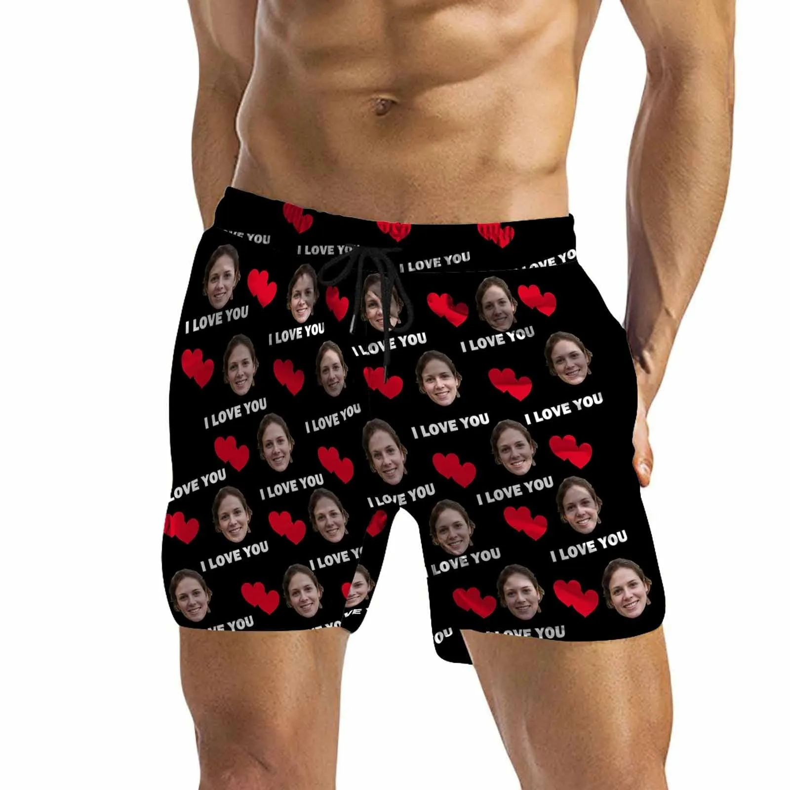 Personalized Swim Trunks with Face on Them Custom Funny Swimming Trunks Double Red Love You Men's Quick Dry Swim Shorts