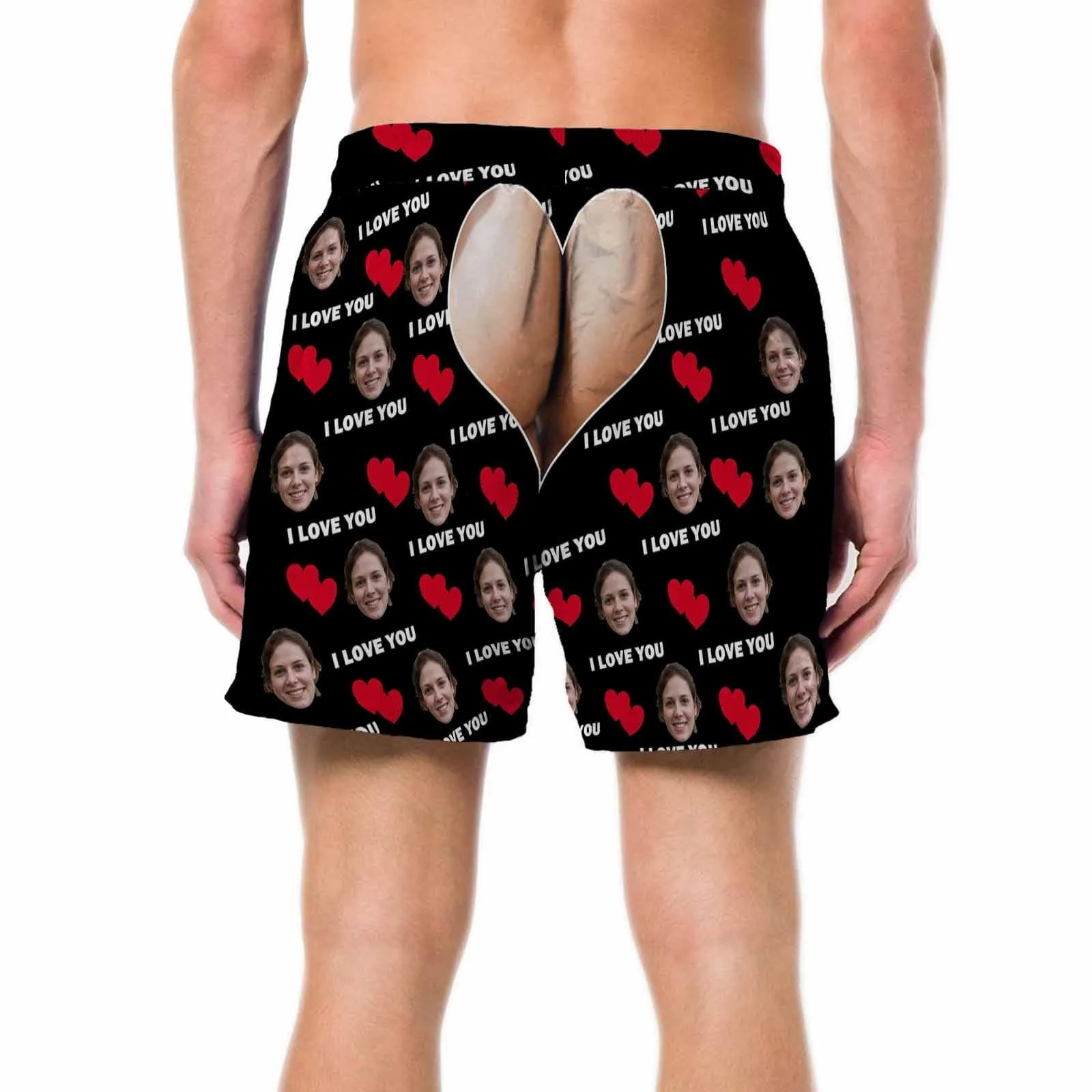Personalized Swim Trunks with Face on Them Custom Funny Swimming Trunks Double Red Love You Men's Quick Dry Swim Shorts