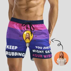 Personalized Swim Trunks with Face on Them Custom Swimming Trunks Keep Rubbing Purple Men's Quick Dry Swim Shorts with Girlfriend's Face