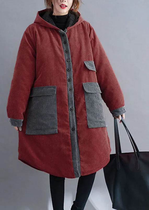 Plus Size Red hooded Button Corduroy Winter Cotton Long Coat sleeve