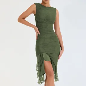 Ruffle Ruched Summer Backless Sleeveless Ir Regular Club Party Sexy Vintage Casual Elegant Dress