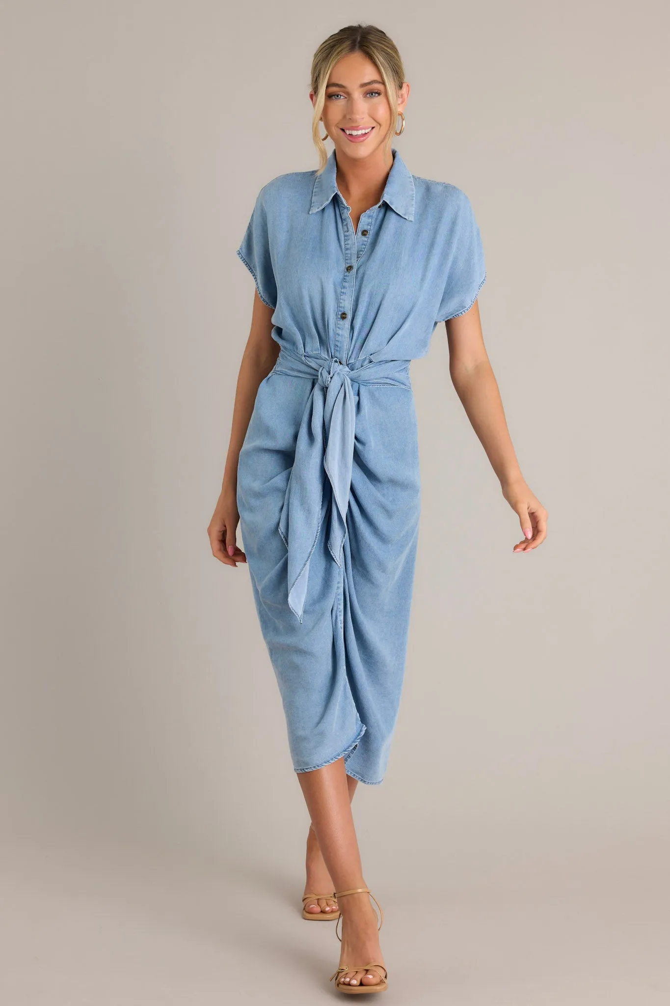 So Indecisive Chambray Button Front Midi Dress