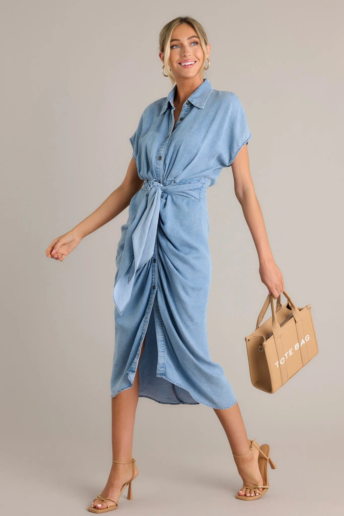 So Indecisive Chambray Button Front Midi Dress