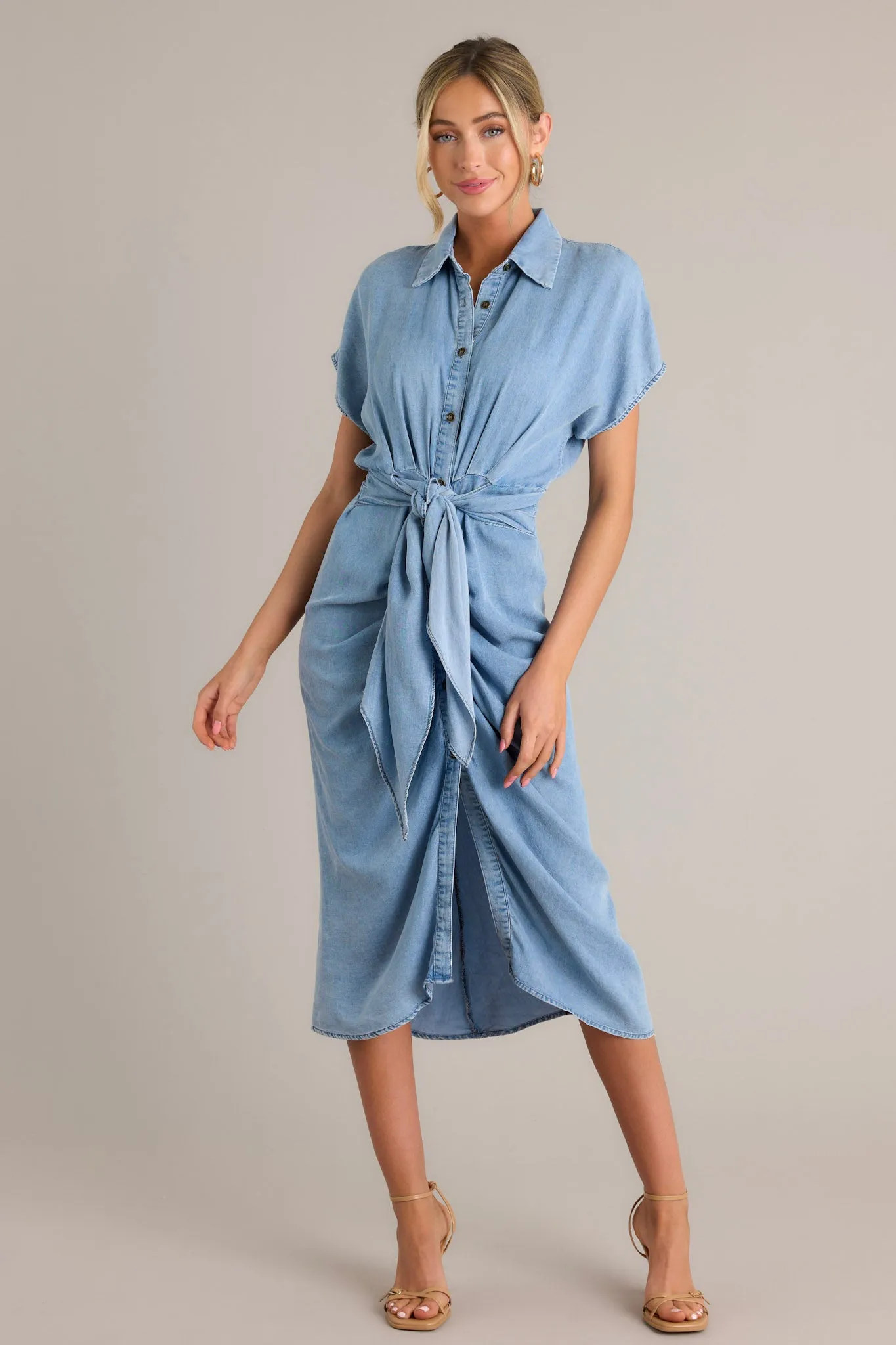 So Indecisive Chambray Button Front Midi Dress