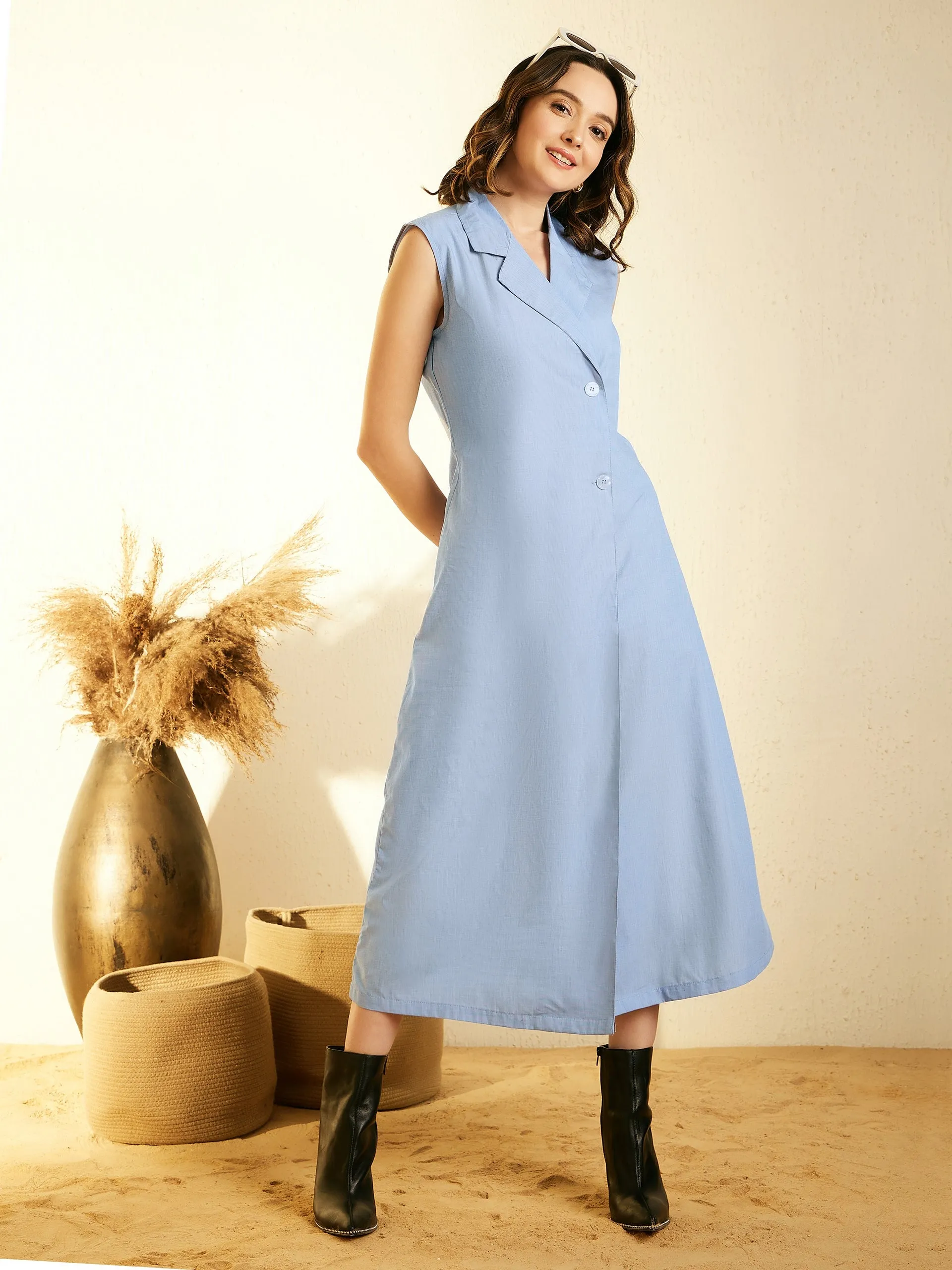 StyleStone Women's Blue Cotton Dress with Lapel