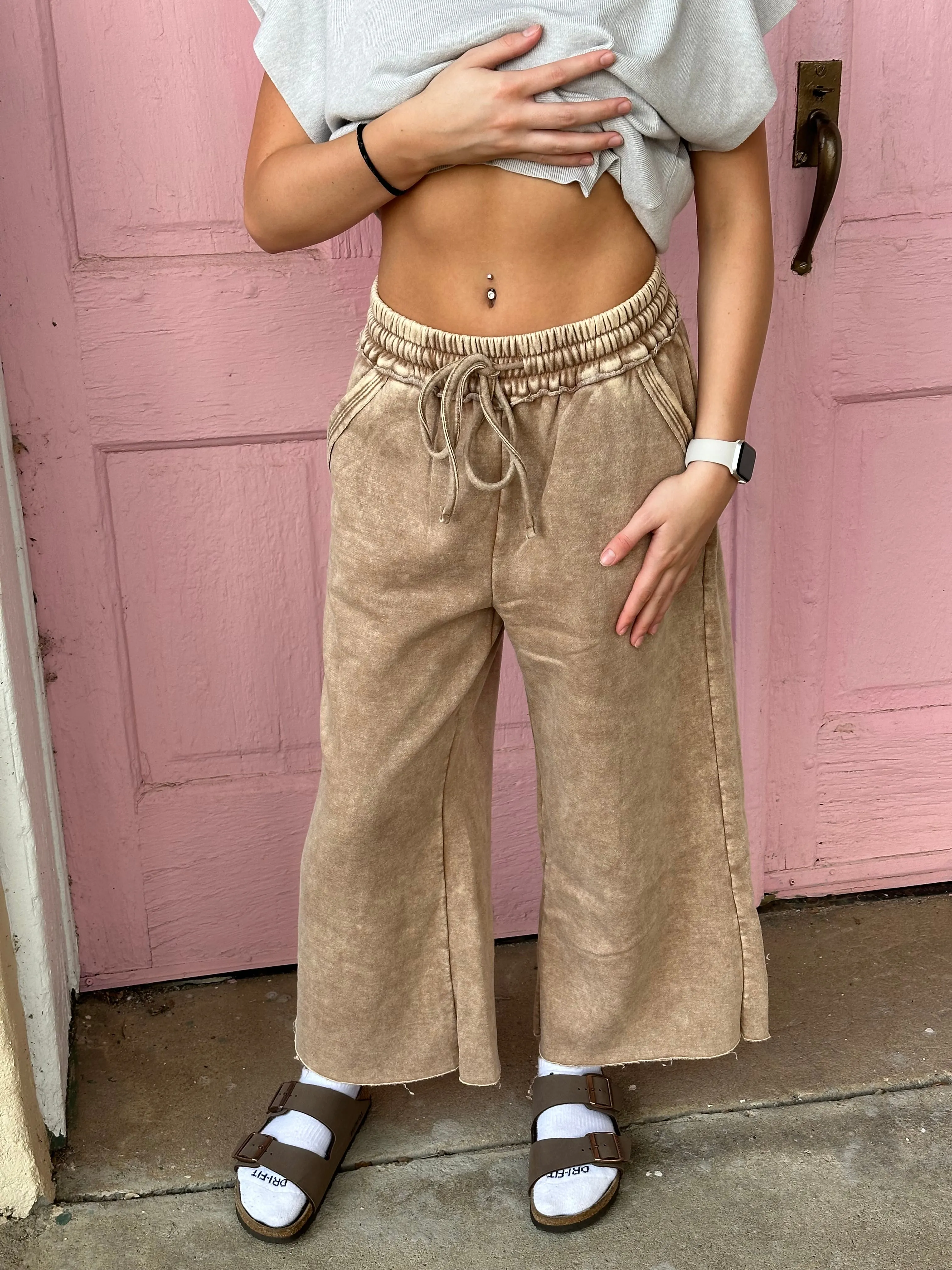 Susan Acid Wash Fleece Wide Leg Crop Sweatpants