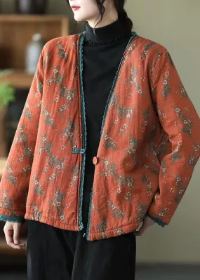 Vintage Orange V Neck Print Fine Cotton Filled Cardigan Winter