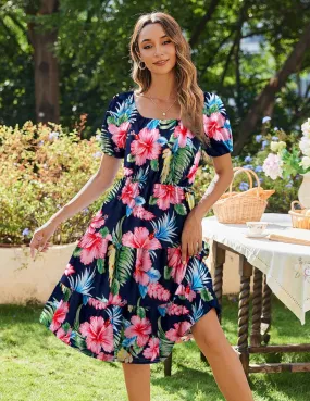 Zeagoo Womens Casual Dress Square Neck Puff Sleeve Boho Dress
